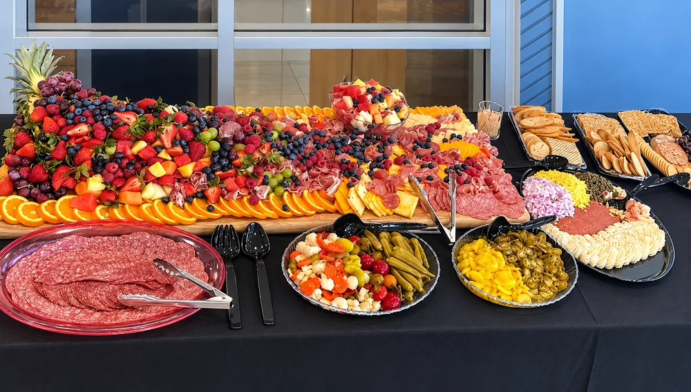 An event display of sliced meats, cheeses, fruit and vegetables prepared by Fire Craft